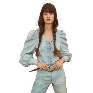 FREE PEOPLE CORSET LIGHT DENIM WOMEN LONG SLEEVE BLOUSE SIZE SMALL NEW